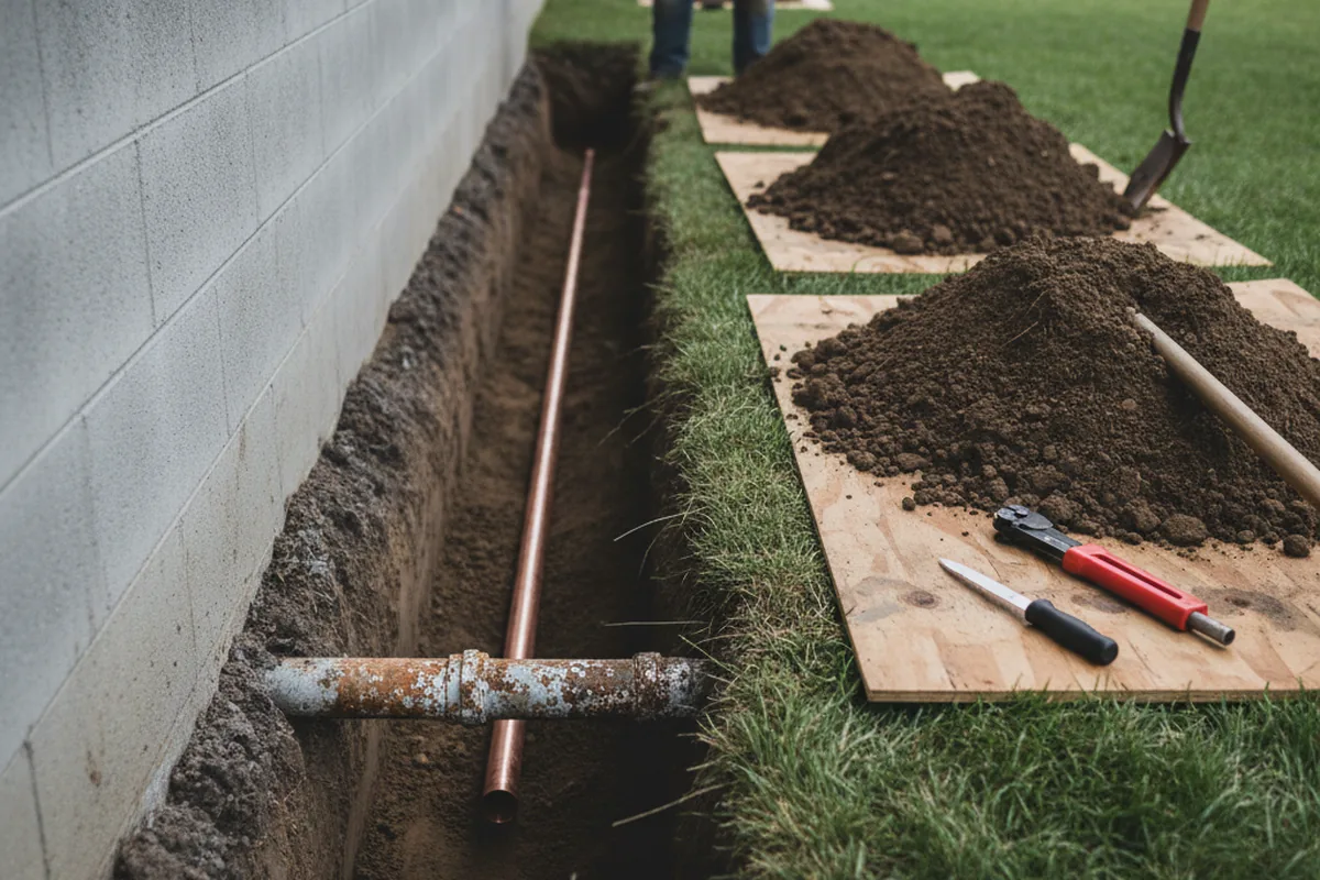 Excavated water line trench during Water Heater Repair in Trinidad